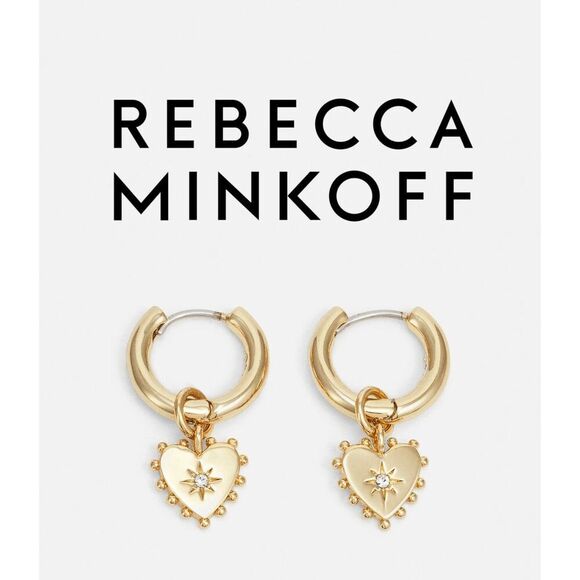 ❤️✨ REBECCA MINKOFF Gold Metal Studded Heart Huggie Hoop Earrings NEW WITH TAGS - Picture 1 of 16